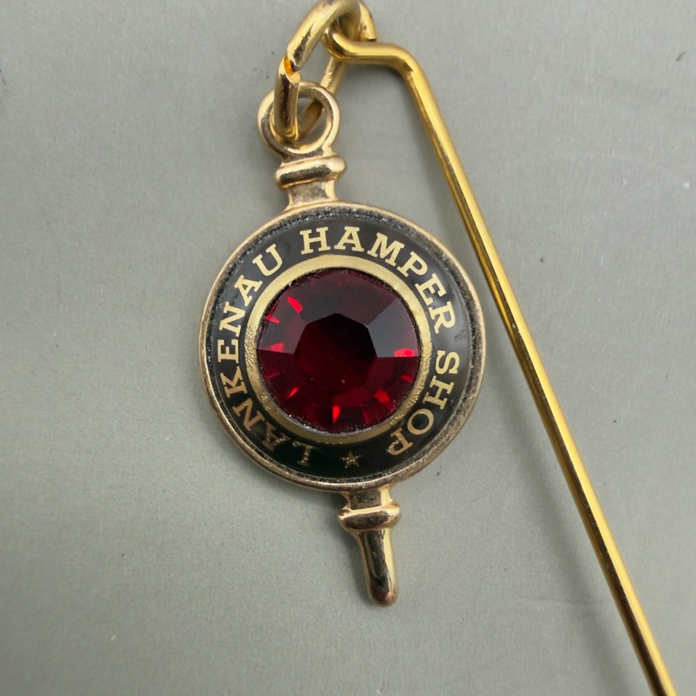 Lankenau Hamper Shop Stick Pin Red Crystal Gold Tone Enamel Dangle Charm Brooch